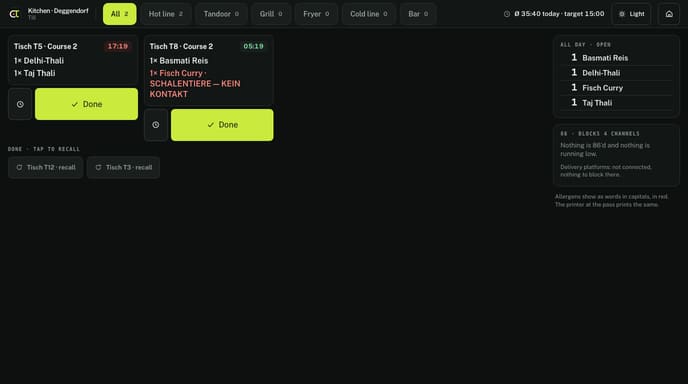 The OrderTap kitchen display with tickets in columns, running times and marked allergens.